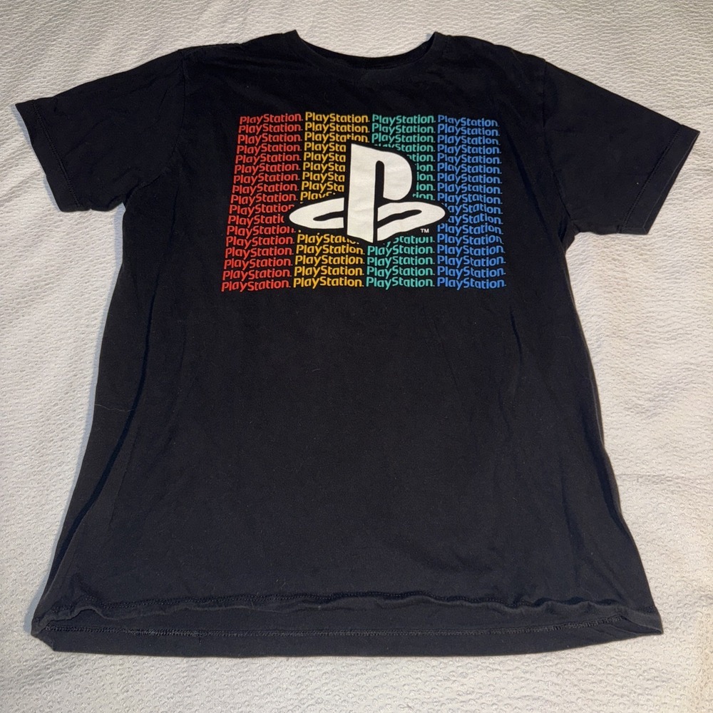Sony Playstation Men's‎ Large Black T-Shirt Gaming Video Game Multicolor Logo
